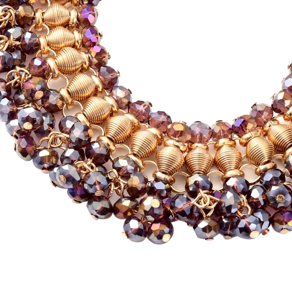 Purple Beaded Waterfall Choker or Bib Necklace (13"-19") in Goldtone - Picture 3 of 9